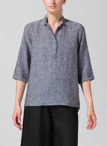 Two Tone Black Linen Simple Top with Small Shirt Collar