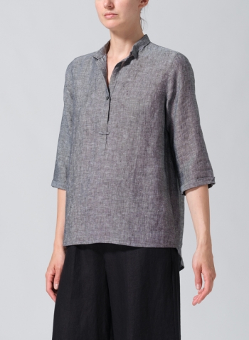 Two Tone Black Linen Simple Top with Small Shirt Collar
