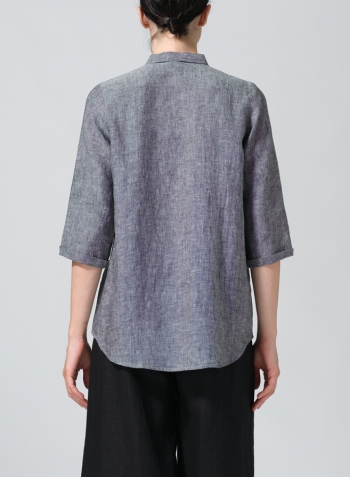 Two Tone Black Linen Simple Top with Small Shirt Collar