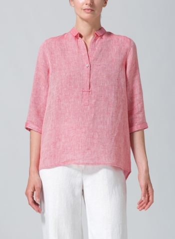 Two Tone Red Linen Simple Top with Small Shirt Collar