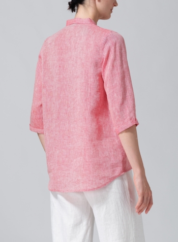 Two Tone Red Linen Simple Top with Small Shirt Collar