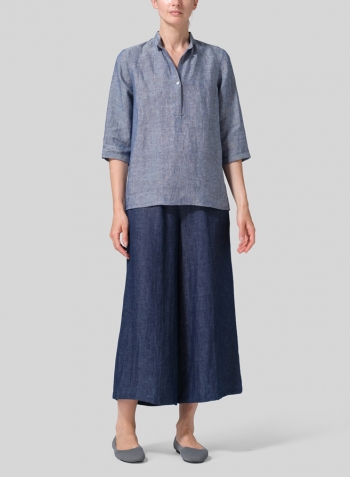 Two Tone Denim Linen Simple Top with Small Shirt Collar