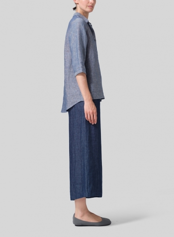 Two Tone Denim Linen Simple Top with Small Shirt Collar