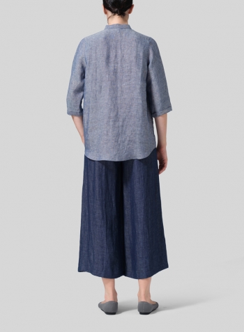 Two Tone Denim Linen Simple Top with Small Shirt Collar