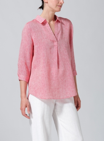 Two Tone Red Linen Classic Collar Shirt