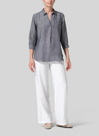 Two Tone Black Linen Classic Collar Shirt