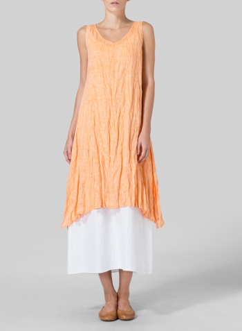 Orange White Linen Sleeveless Crumple Effect Long Blouse