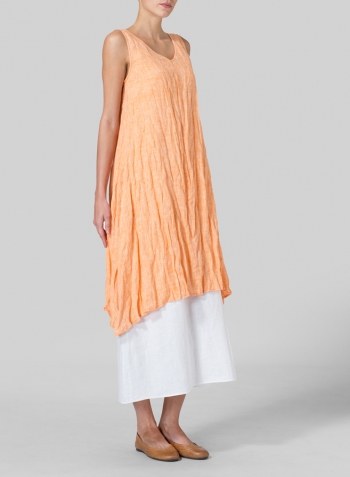 Orange White Linen Sleeveless Crumple Effect Long Blouse