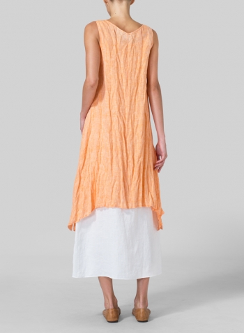 Orange White Linen Sleeveless Crumple Effect Long Blouse