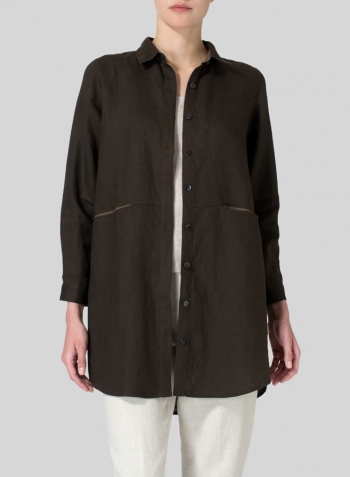 Dark Brown Heavy Linen Contrast Collar Shirt Jacket