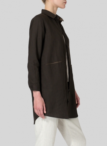 Dark Brown Heavy Linen Contrast Collar Shirt Jacket