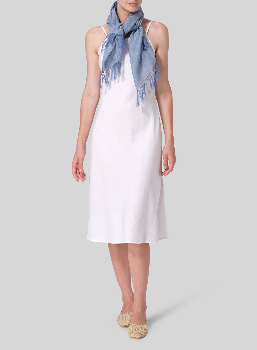 Two Tone Light Blue Linen Hand-crafted Tassel Scarf
