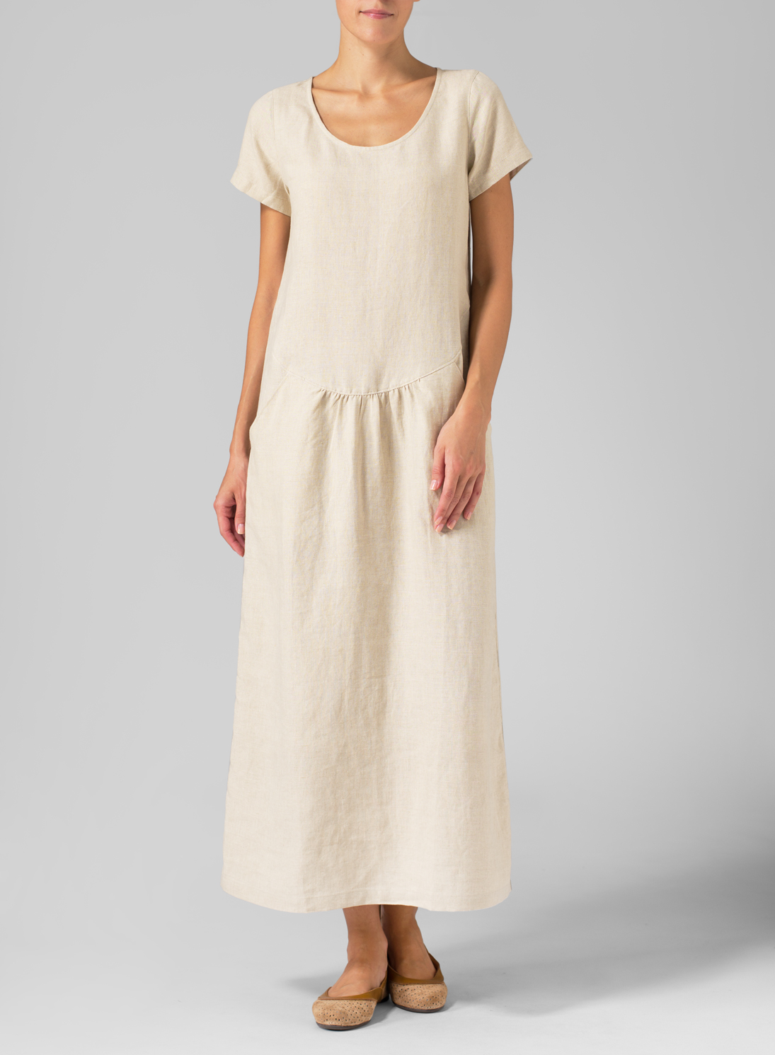 Linen Short Sleeve Dress With Linen Printed Artisan Fringe Long Scarf
