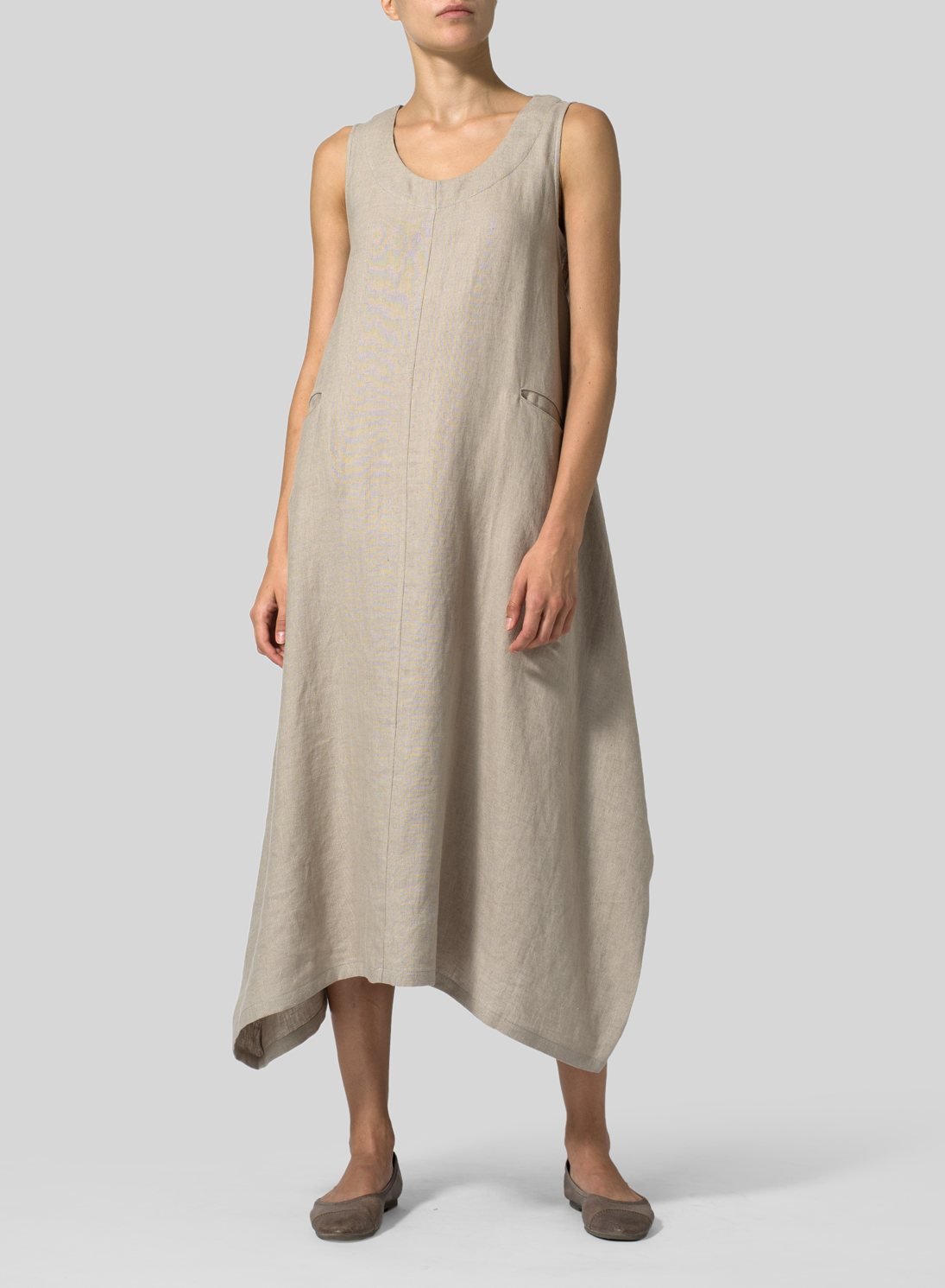 Khaki Gray Linen Sleeveless Long Dress - Plus Size