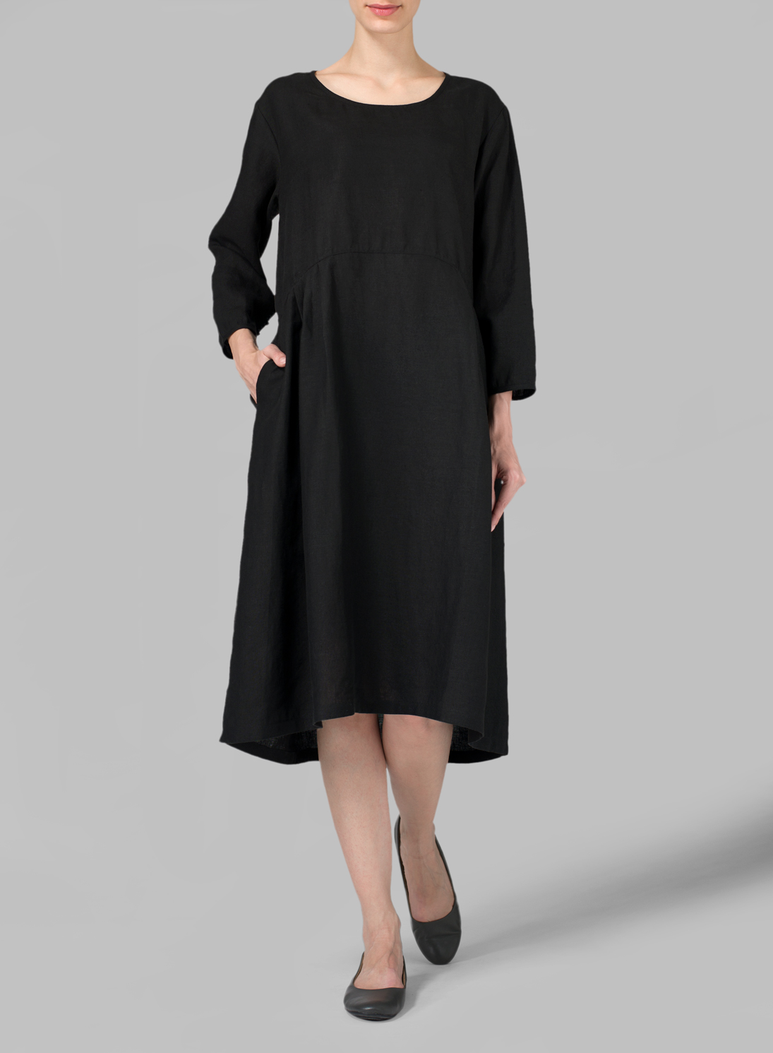 Black Linen Empire Waist Midi Dress