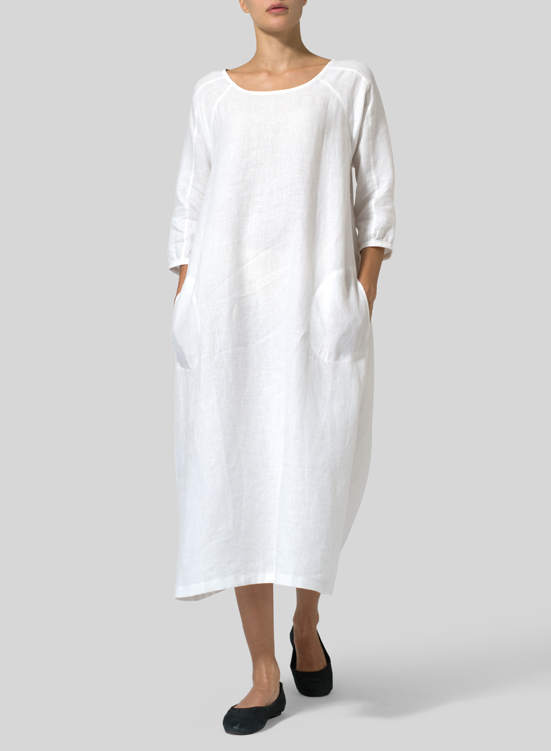 Linen Elbow Sleeve Long Dress - Plus Size