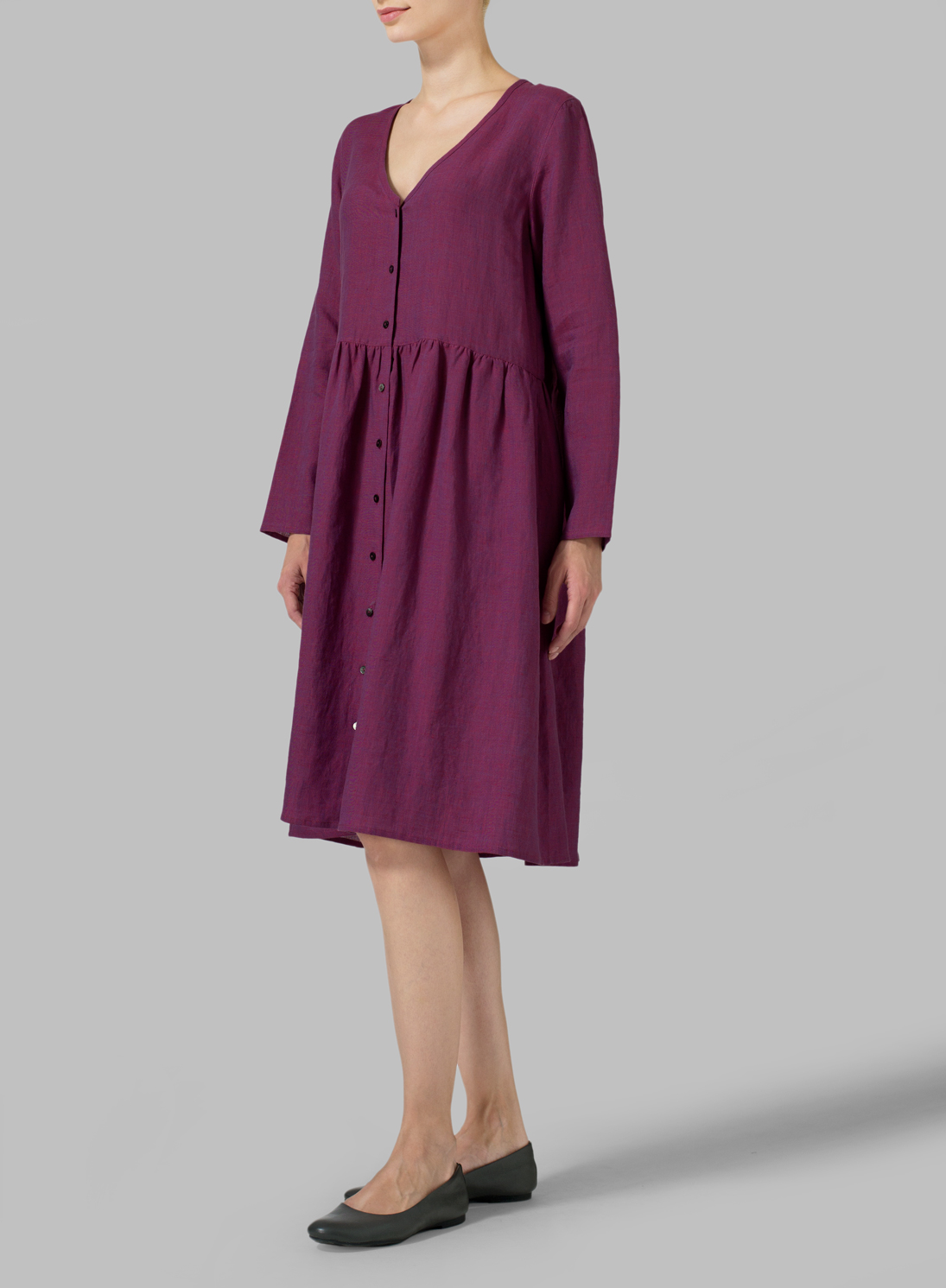 Linen Button Front L/S Dress Plus Size