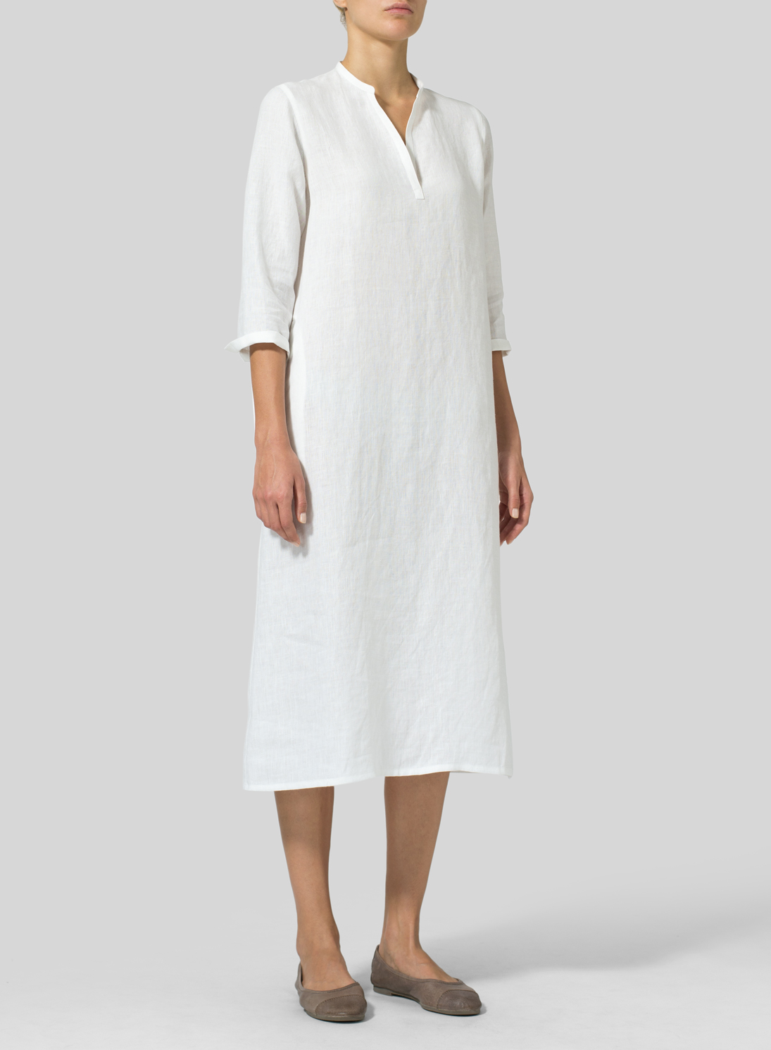 White Linen V-neck Mandarin Collar Dress Tunic