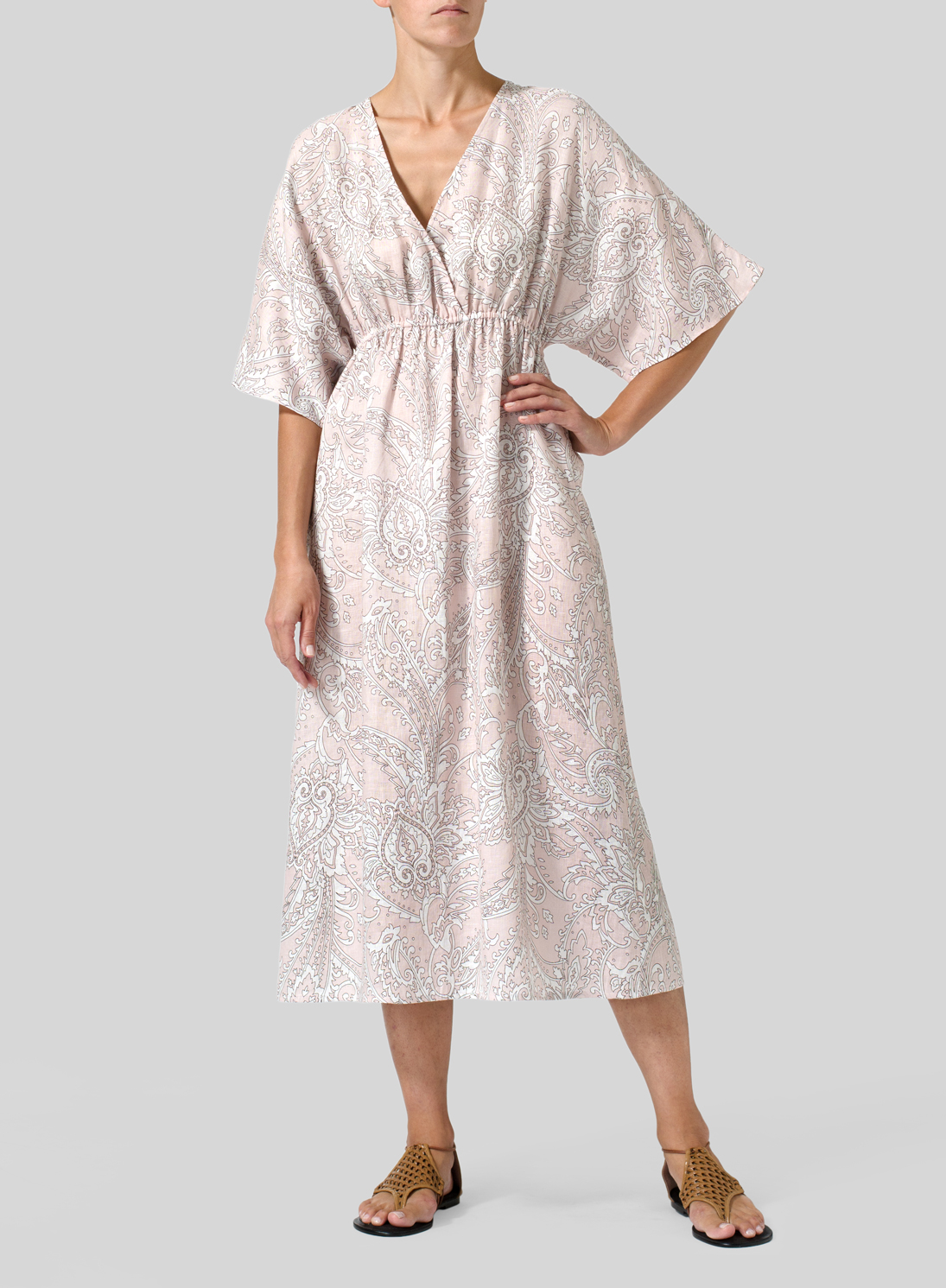 Linen Printed VNeck Dolman Sleeves Dress