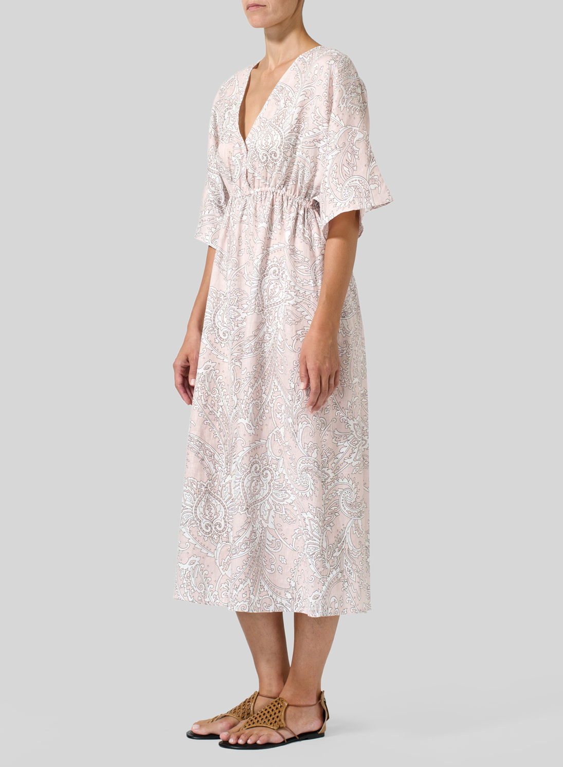 Linen Printed VNeck Dolman Sleeves Dress