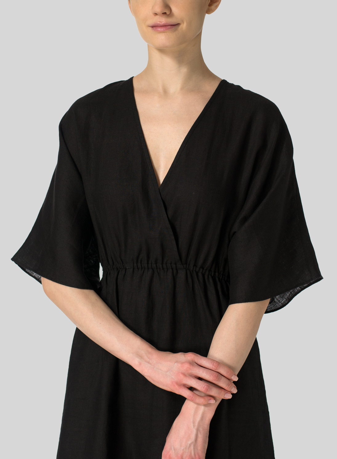 Black Linen VNeck Dolman Sleeves Dress with Necklace