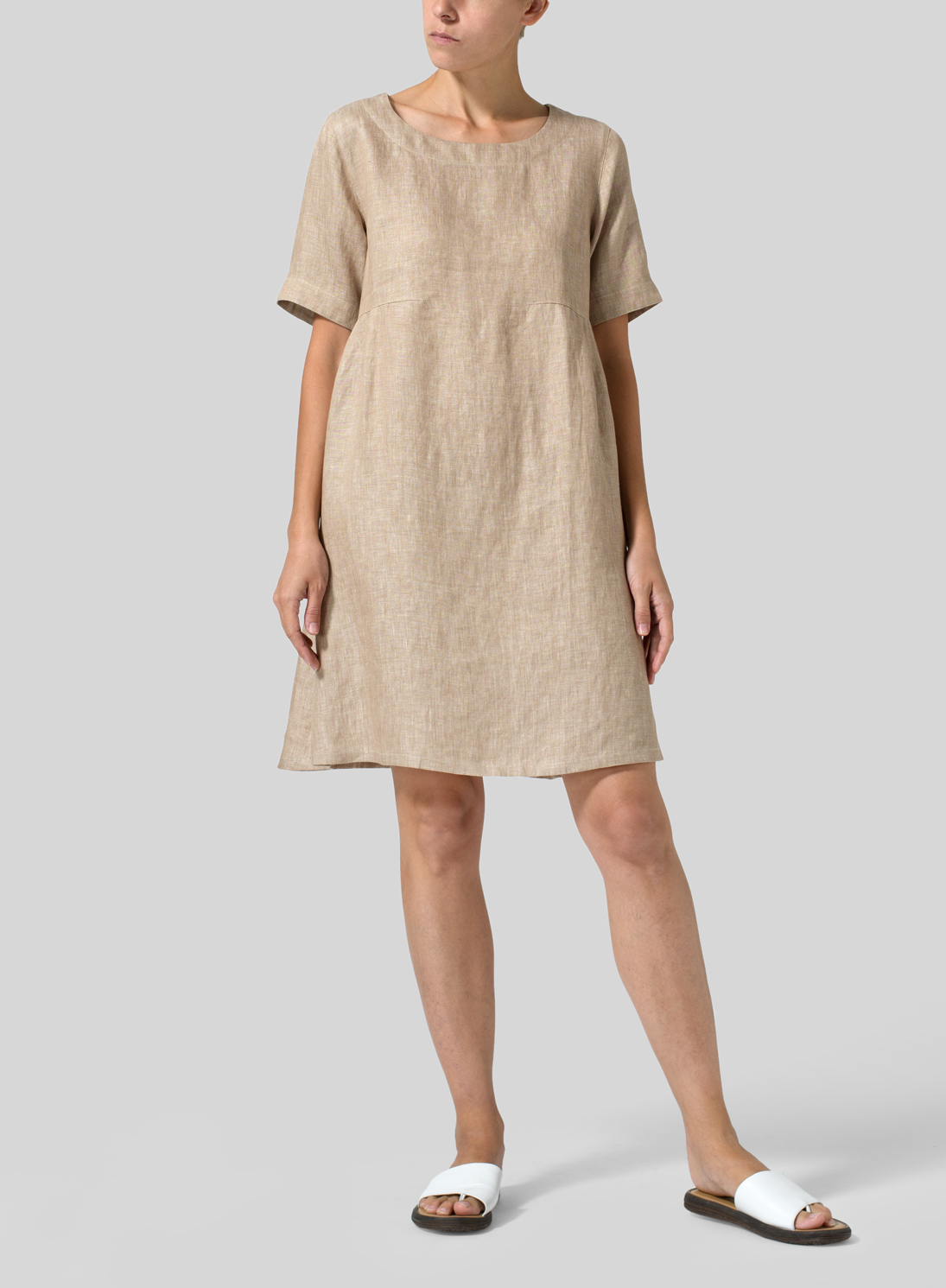 Linen Boat Neck Short Sleeve Dress 