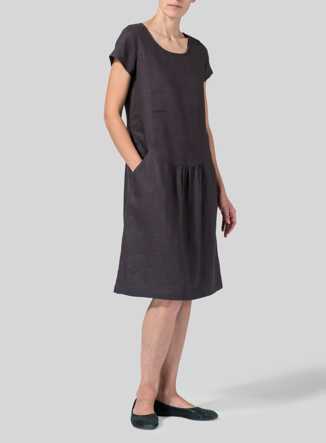 Graphite Linen Short Sleeves KneeLength Dress