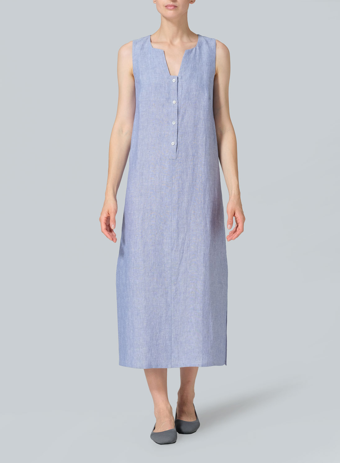 Linen Front Placket Opening Straight Cut Long Dress