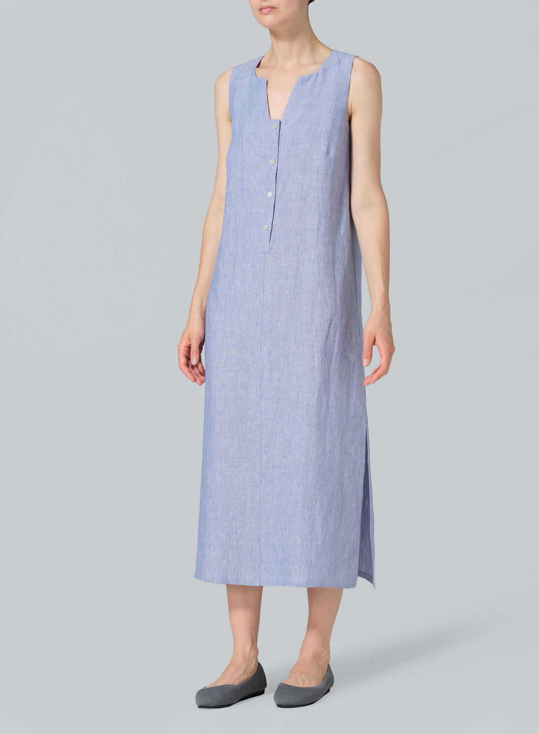 Linen Front Placket Opening Straight Cut Long Dress