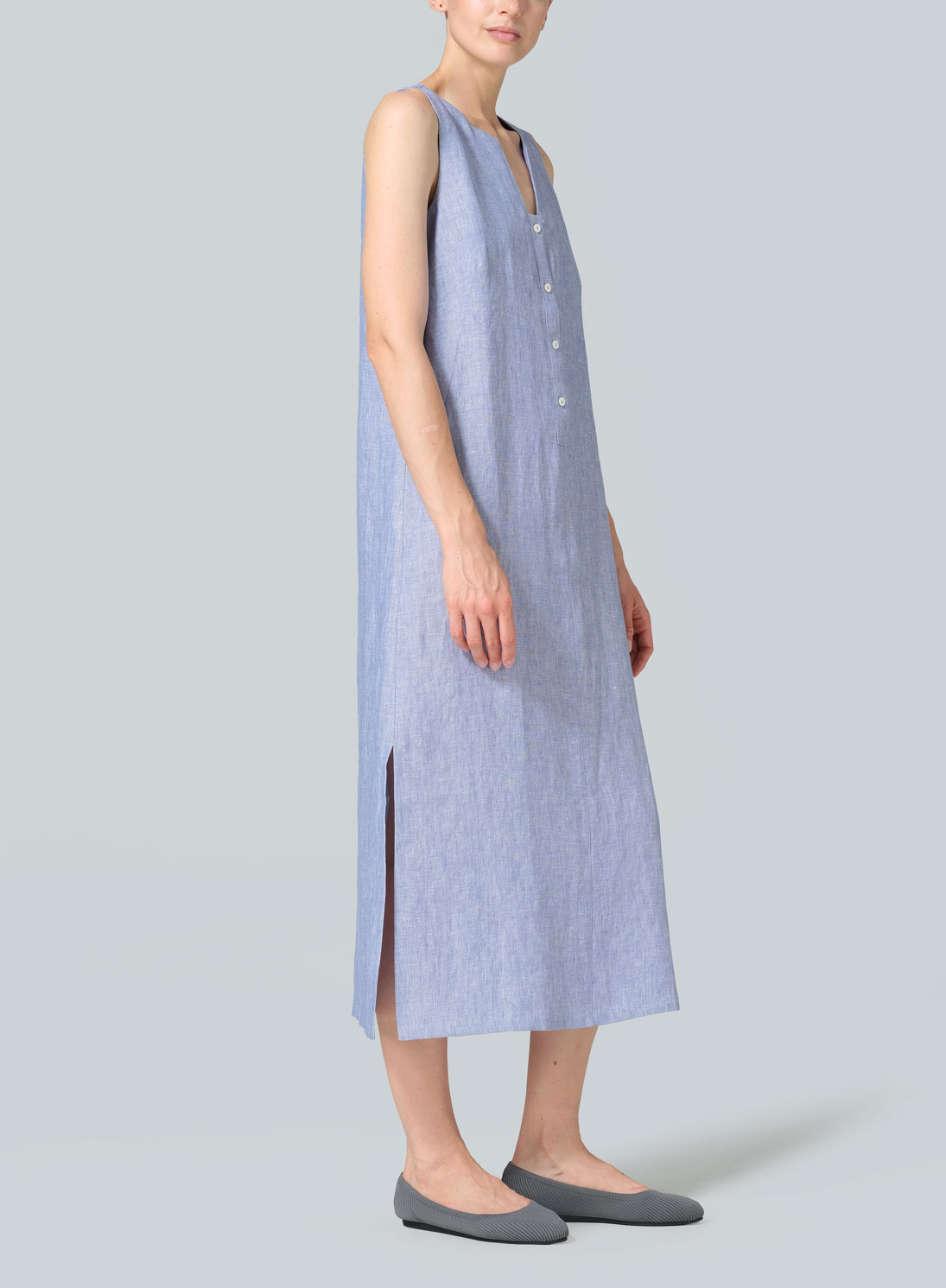 Linen Front Placket Opening Straight Cut Long Dress