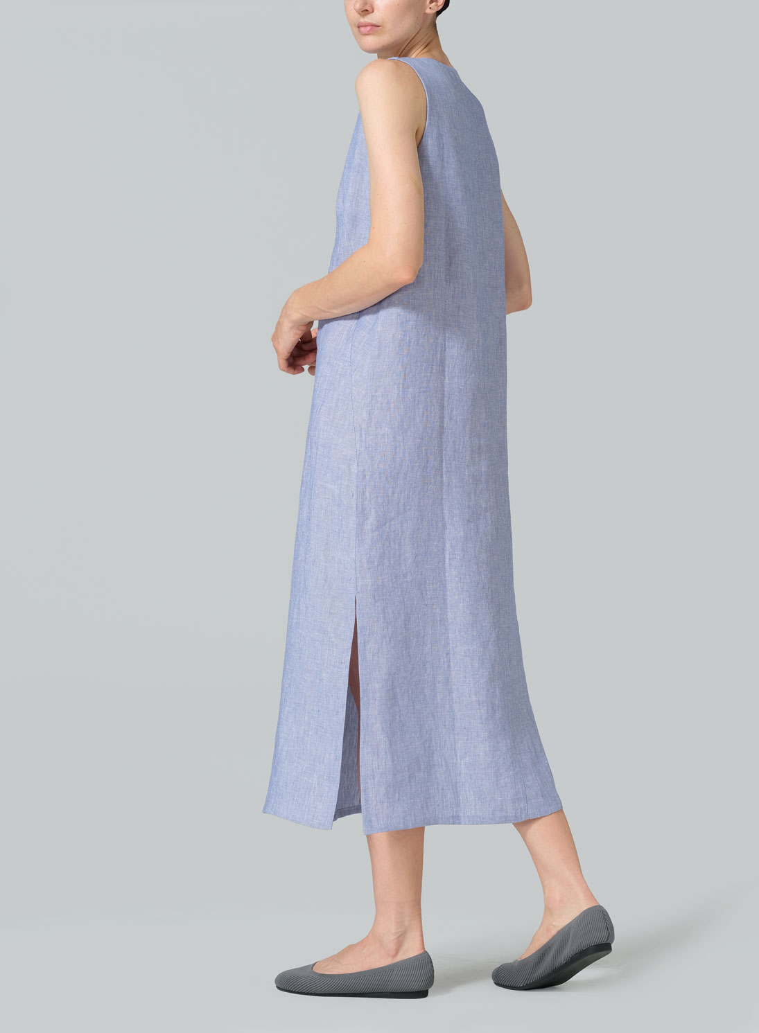 Linen Front Placket Opening Straight Cut Long Dress