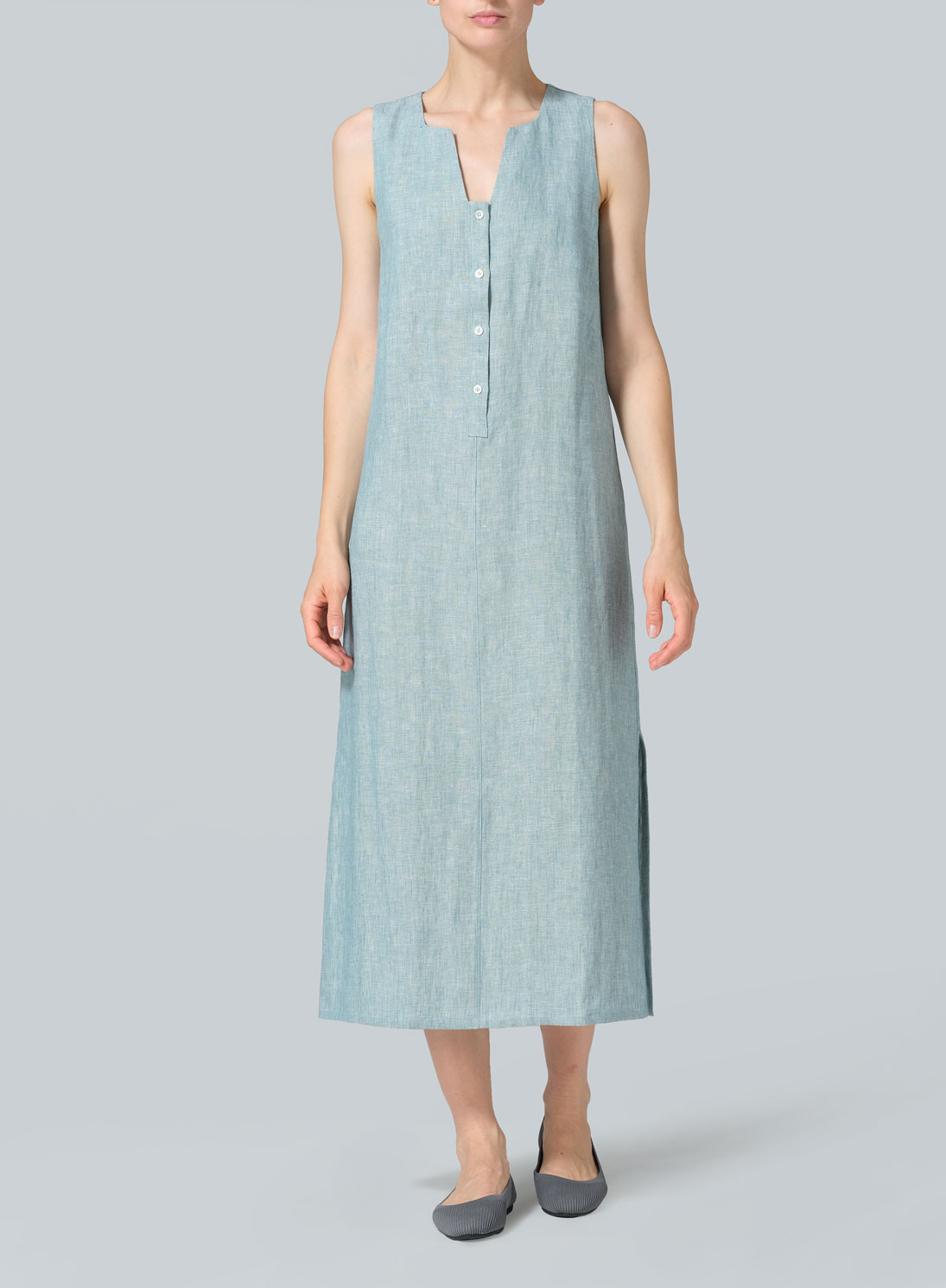 Linen Front Placket Opening Straight Cut Long Dress