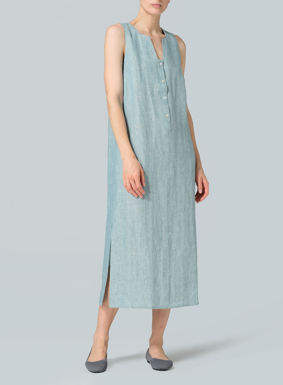 Linen Front Placket Opening Straight Cut Long Dress