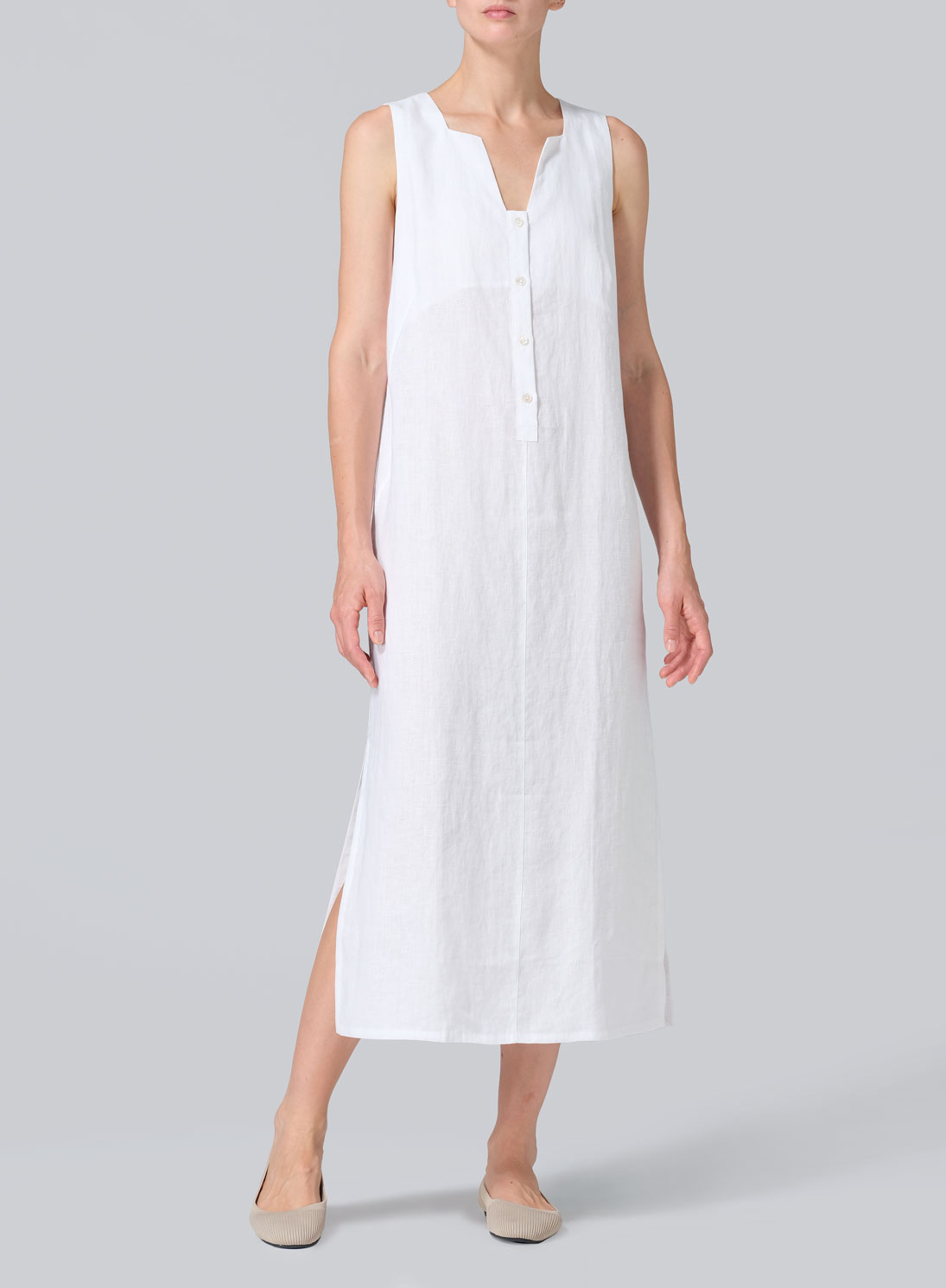 Linen Front Placket Opening Straight Cut Long Dress