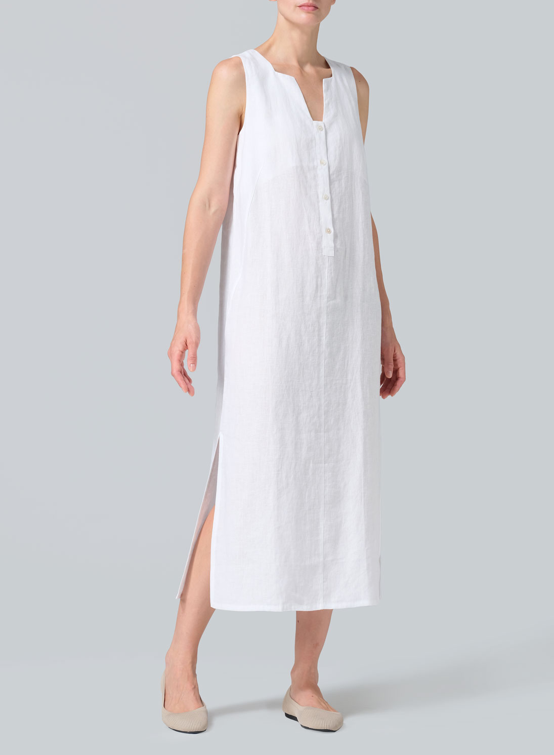 Linen Front Placket Opening Straight Cut Long Dress