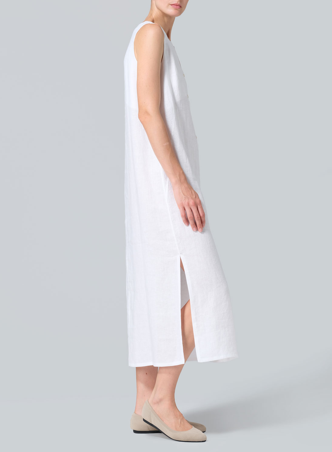 Linen Front Placket Opening Straight Cut Long Dress