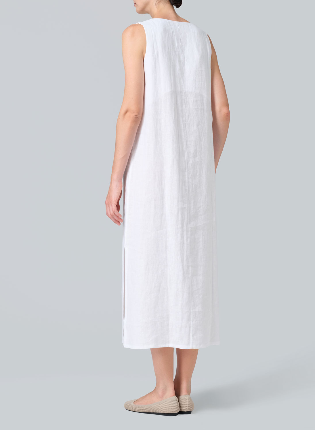 Linen Front Placket Opening Straight Cut Long Dress