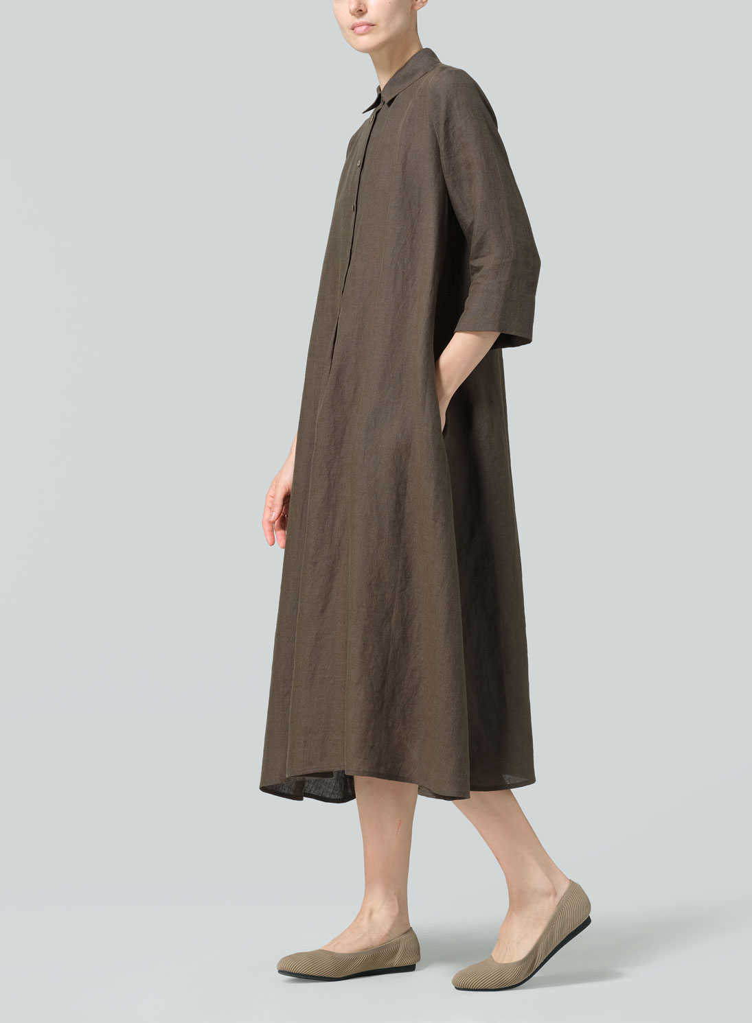 Linen A-Line Midi Shirt Dress