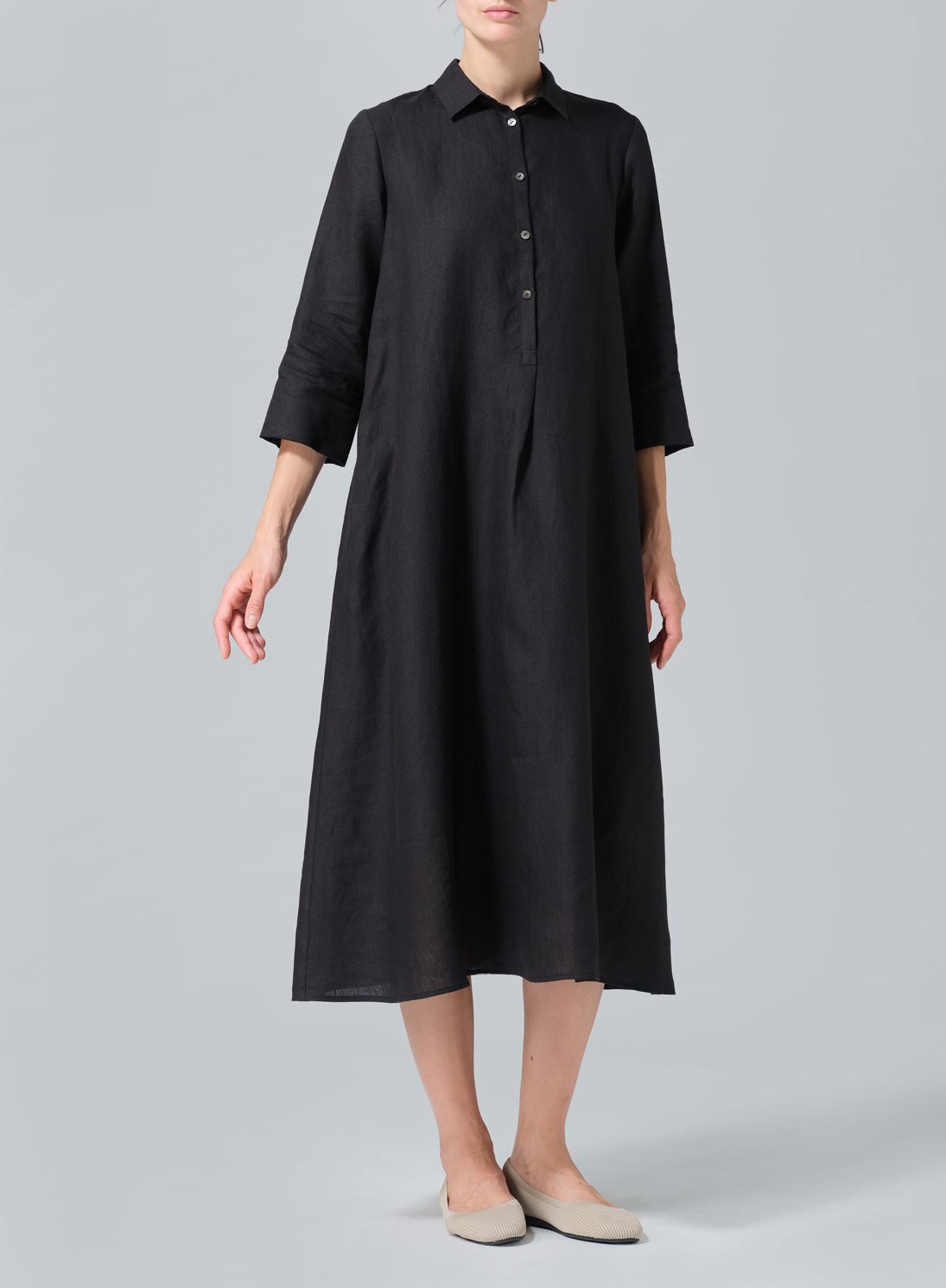 Linen A-Line Midi Shirt Dress