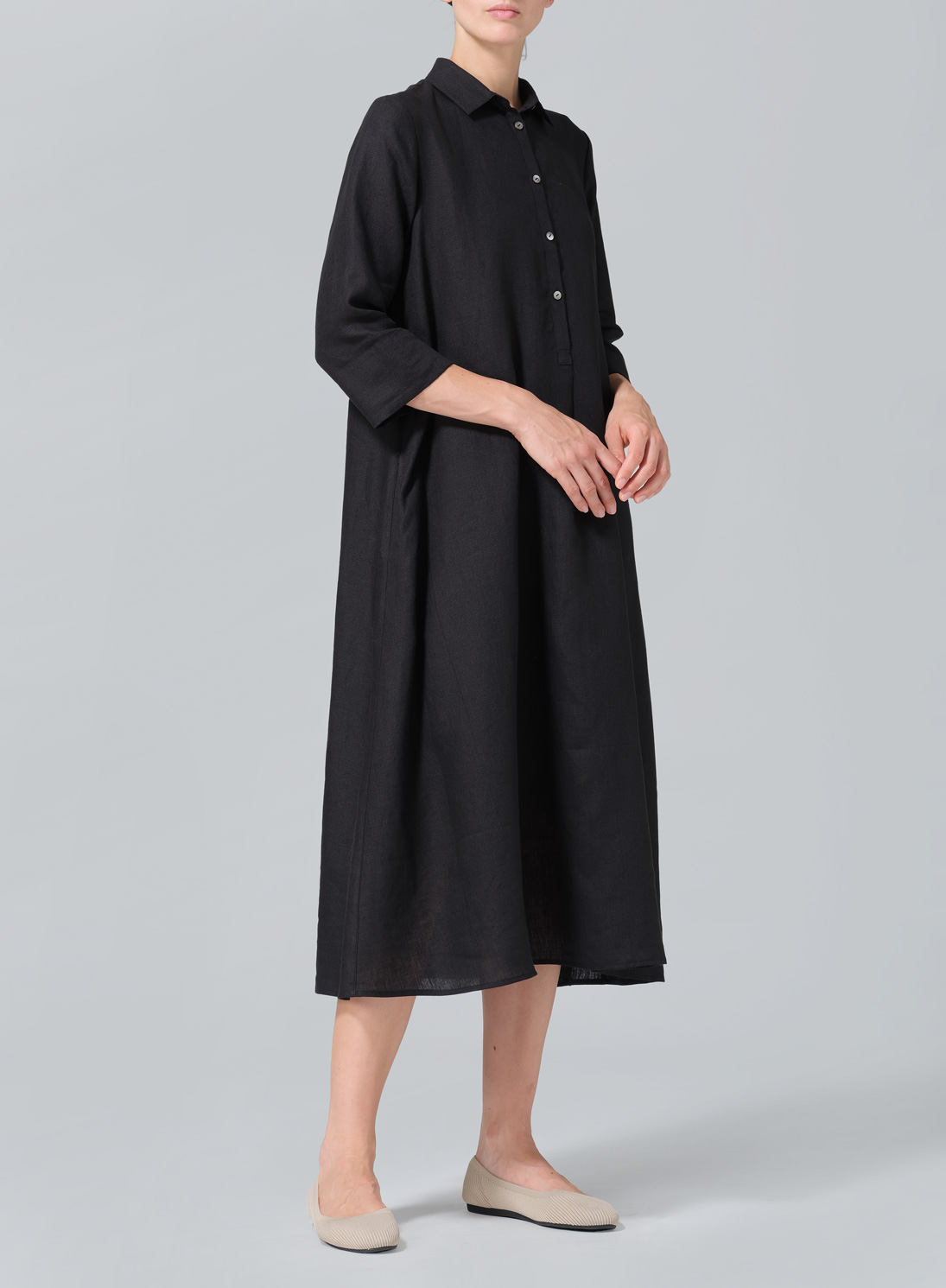 Linen A-Line Midi Shirt Dress