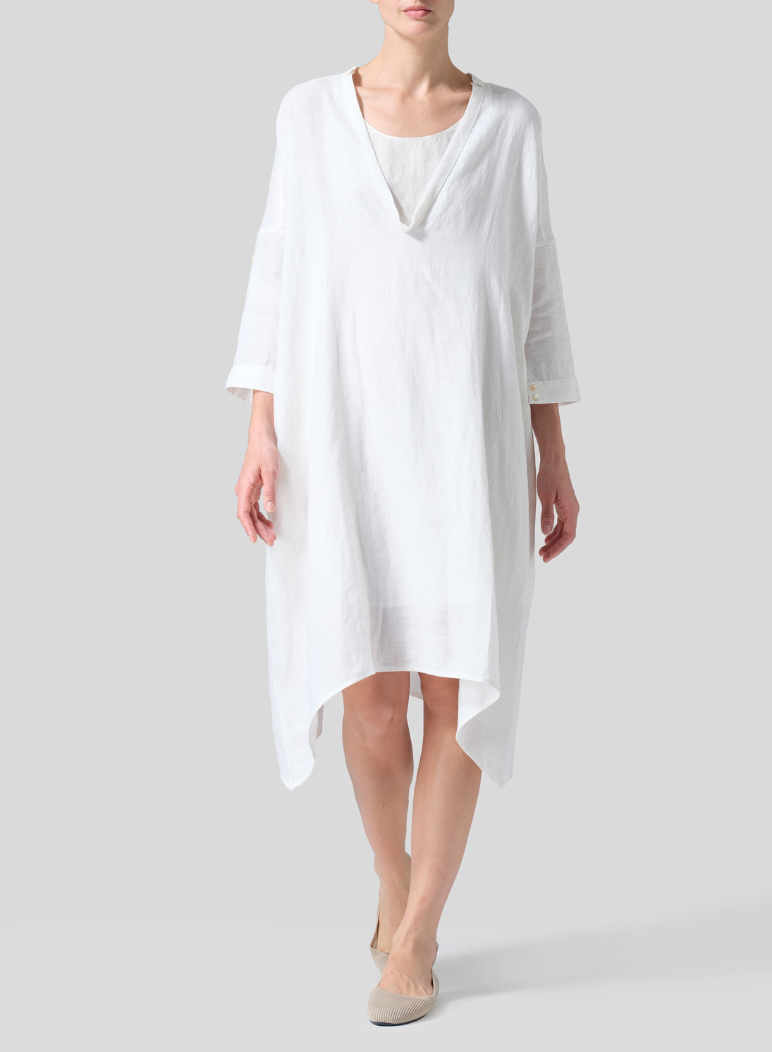Woven Linen Roll Sleeve Deep V-neck Tunic