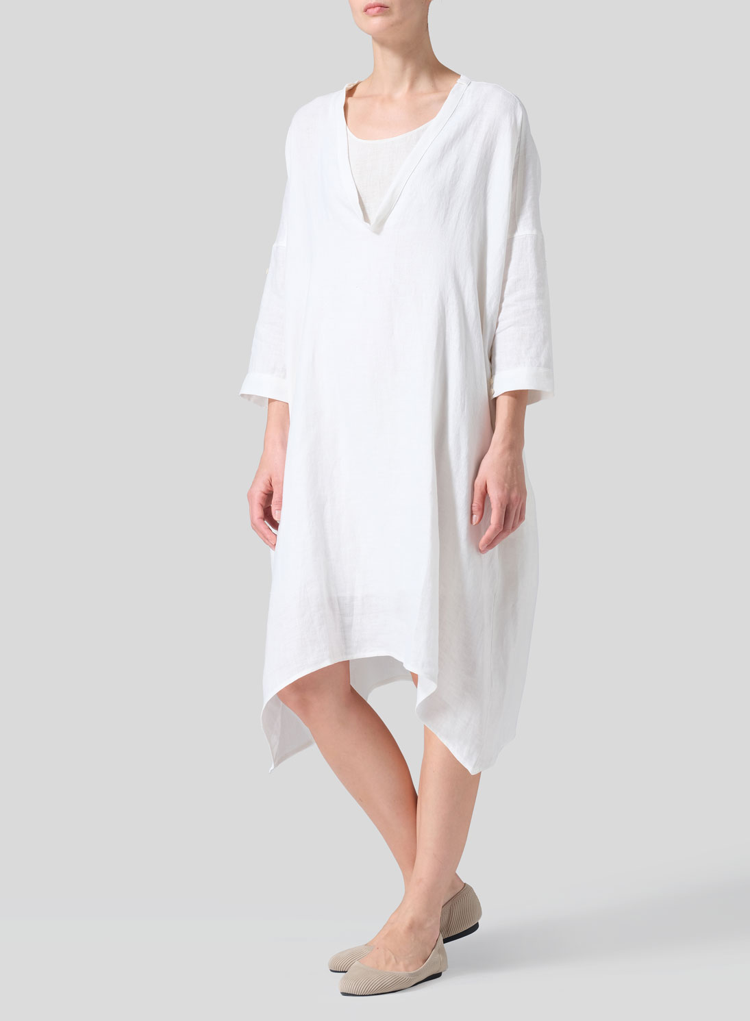 Woven Linen Roll Sleeve Deep V-neck Tunic