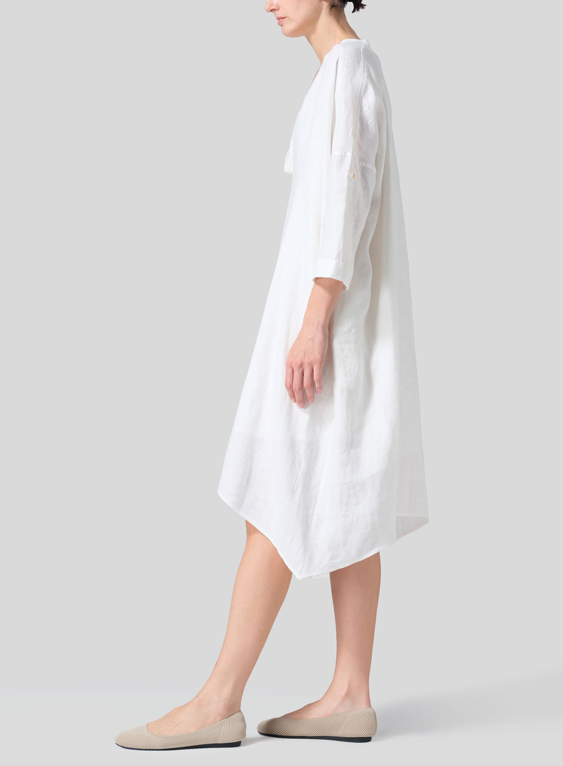 Woven Linen Roll Sleeve Deep V-neck Tunic