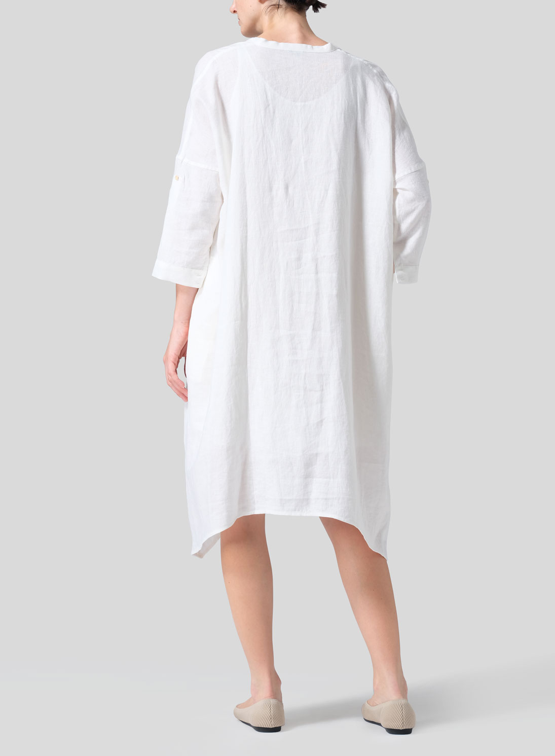 Woven Linen Roll Sleeve Deep V-neck Tunic