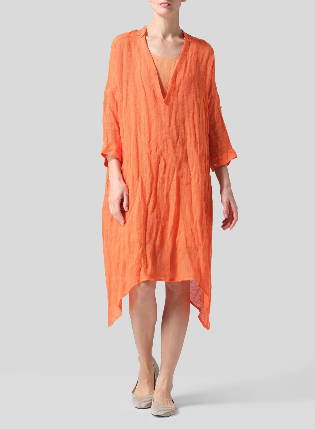 Woven Linen Roll Sleeve Deep V-neck Tunic