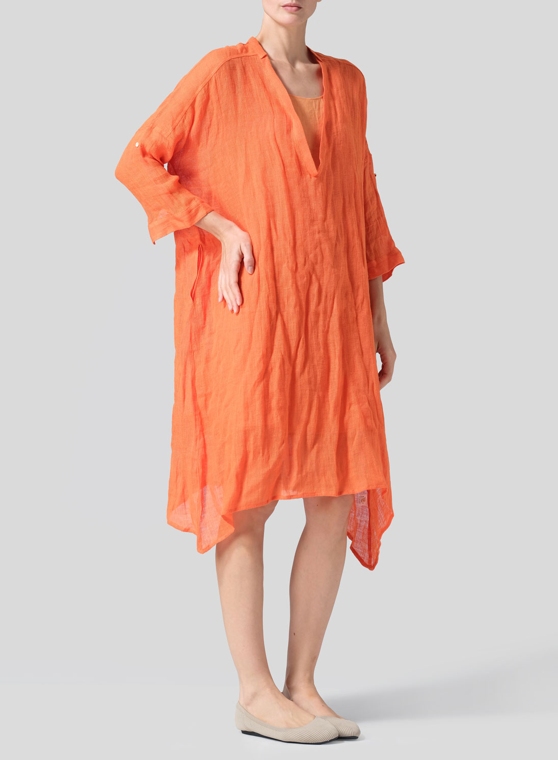 Woven Linen Roll Sleeve Deep V-neck Tunic