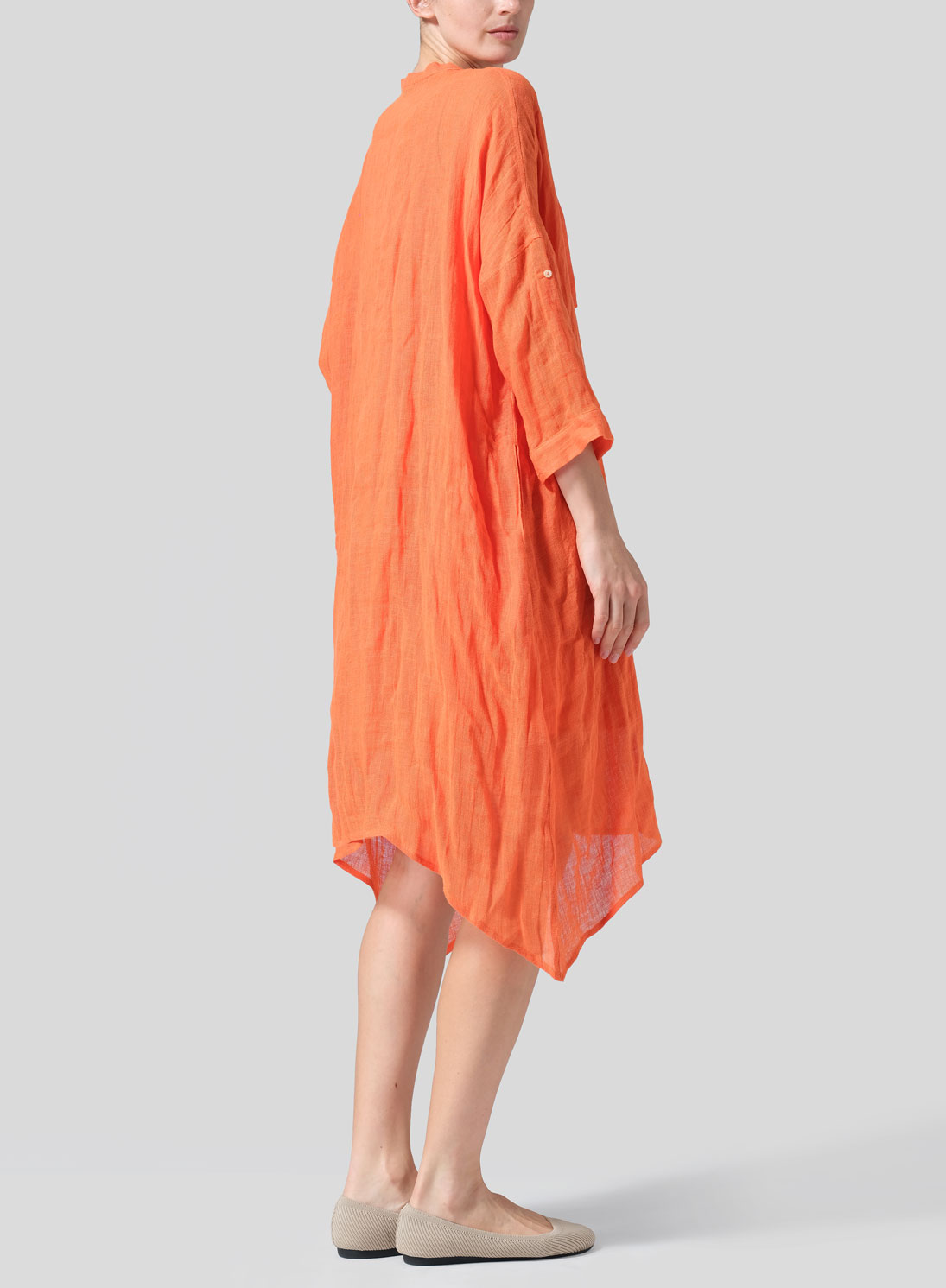 Woven Linen Roll Sleeve Deep V-neck Tunic