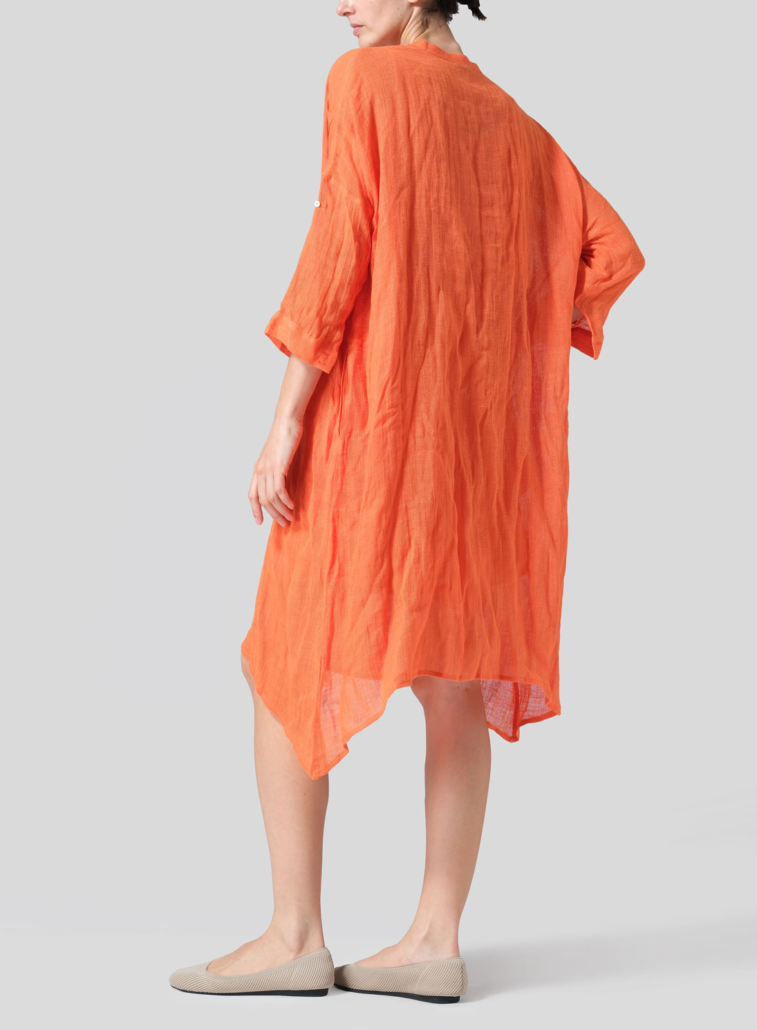 Woven Linen Roll Sleeve Deep V-neck Tunic