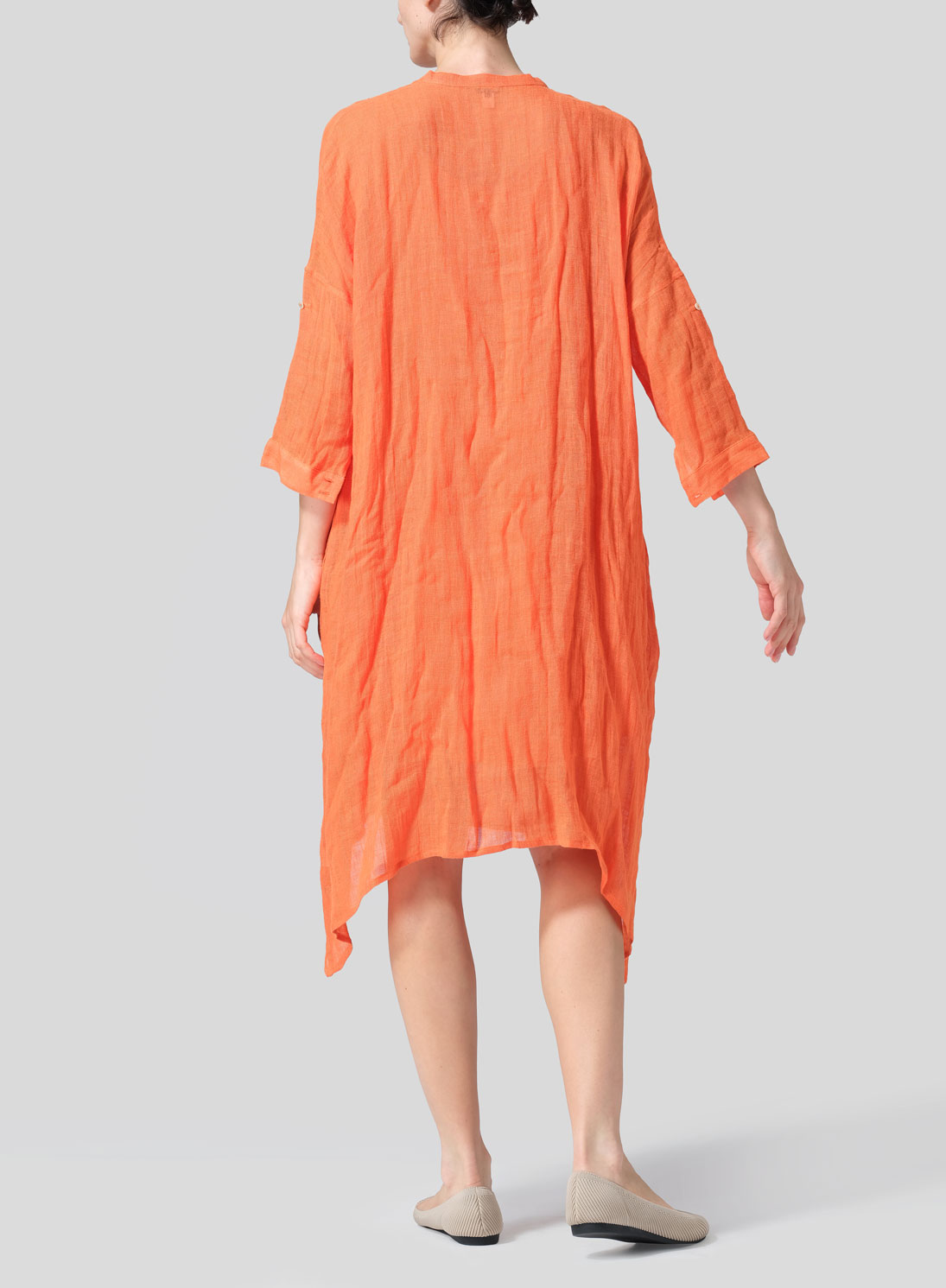 Woven Linen Roll Sleeve Deep V-neck Tunic
