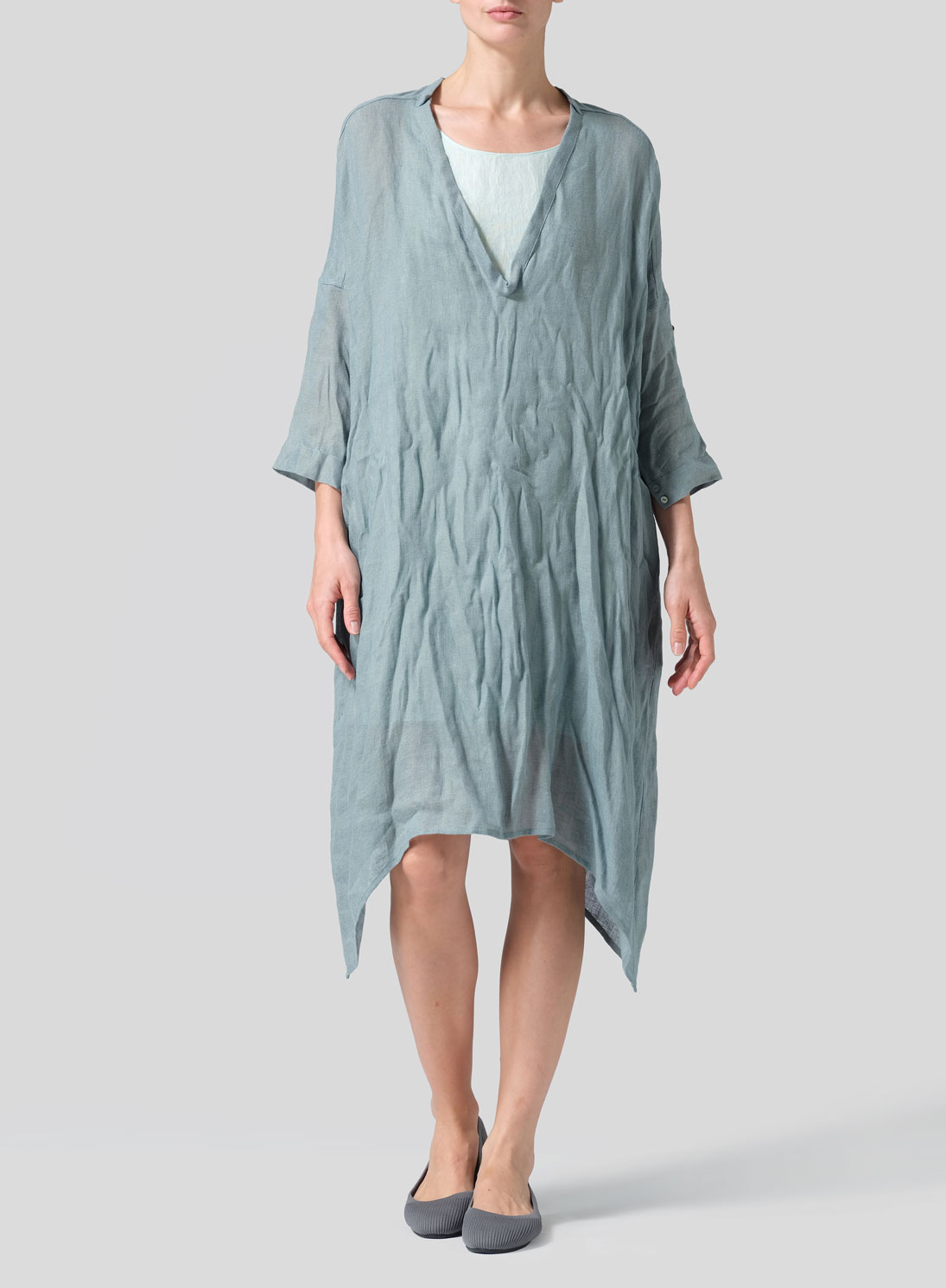 Woven Linen Roll Sleeve Deep V-neck Tunic